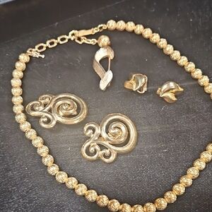 Trifari Gold Beaded Necklace and Earring Set